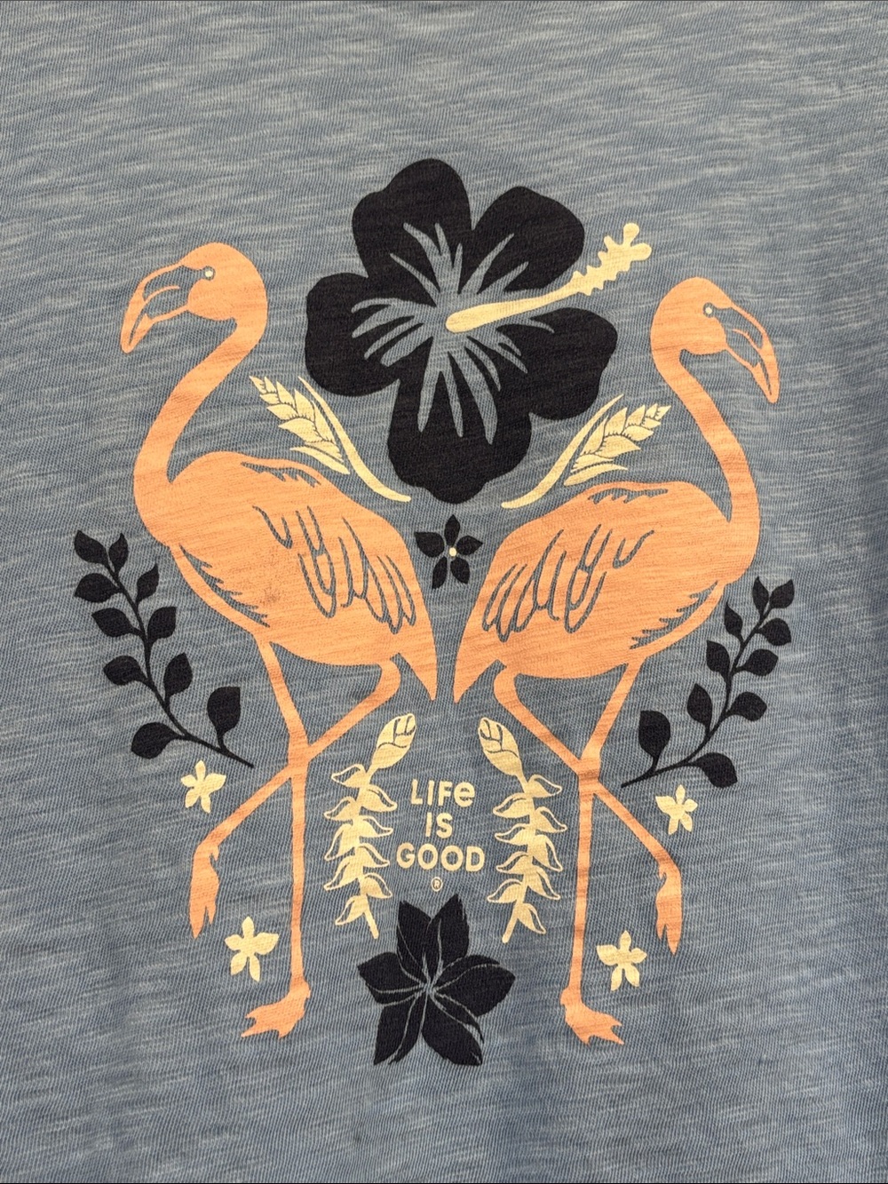 Life Is Good Light Blue Flamingo Garden Scoop Neck Short Sleeve Tee
